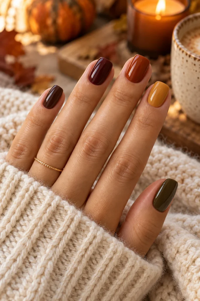 Mismatched manicure with a different fall shade on each nail (AI-generated image)