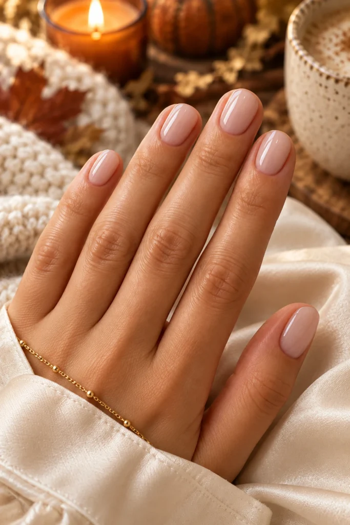 Short glossy neutral nails in a quiet luxury style (AI-generated image)