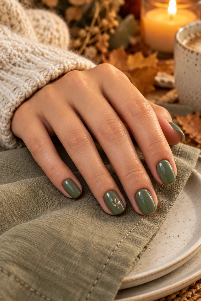 Soft sage green nails for a modern Thanksgiving look (AI-generated image)