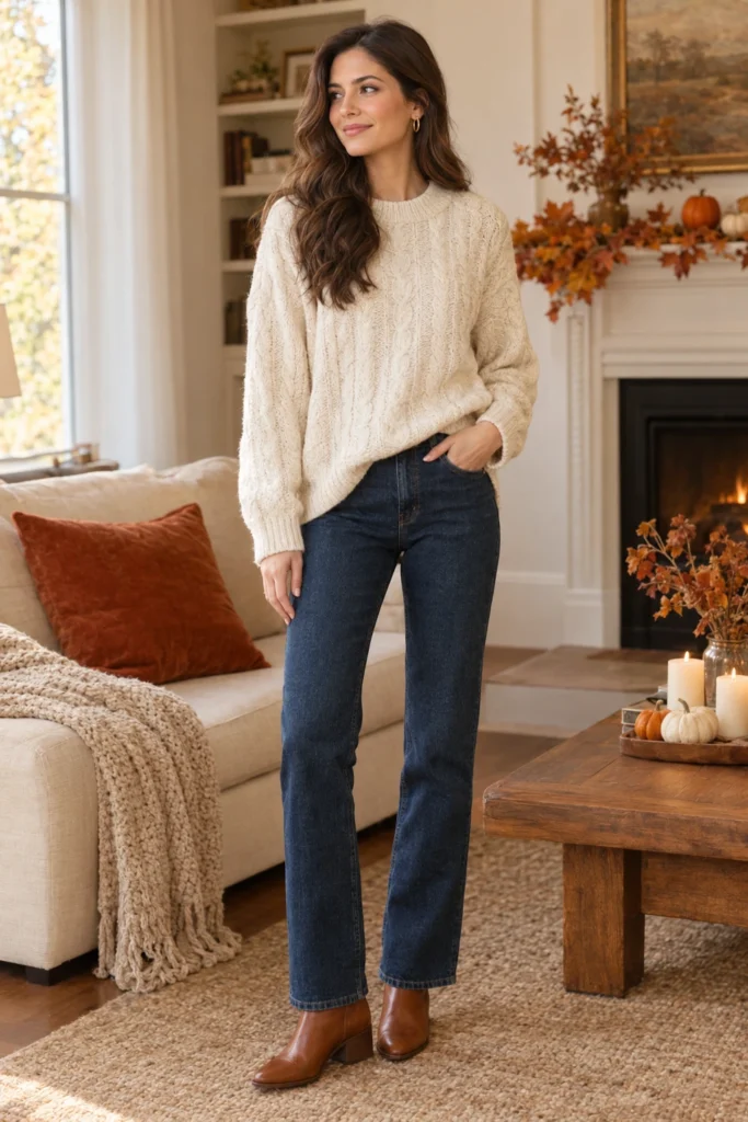 Casual Thanksgiving outfit with a cream cable-knit sweater, dark straight-leg jeans and cognac ankle boots