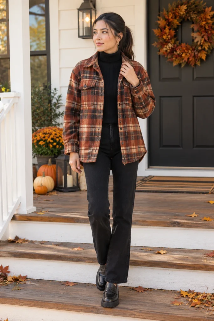 Plaid shirt jacket in rust and brown layered over a black turtleneck with black jeans and loafers