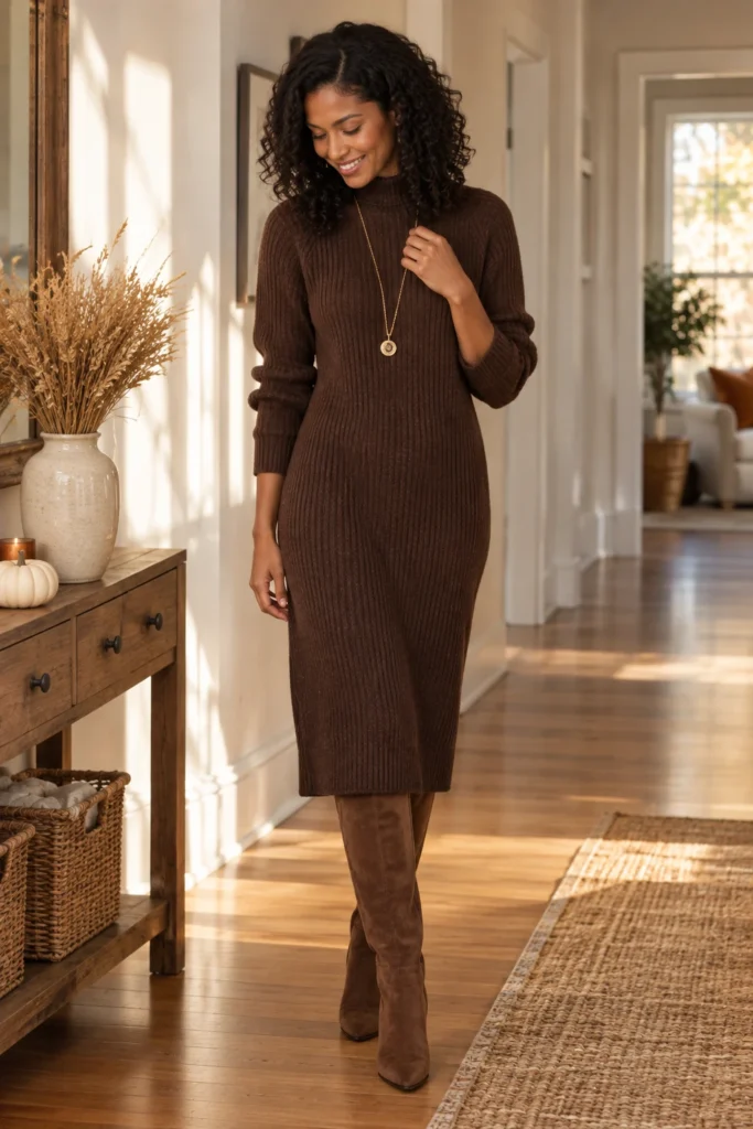 Chocolate brown ribbed sweater dress with knee-high suede boots for Thanksgiving