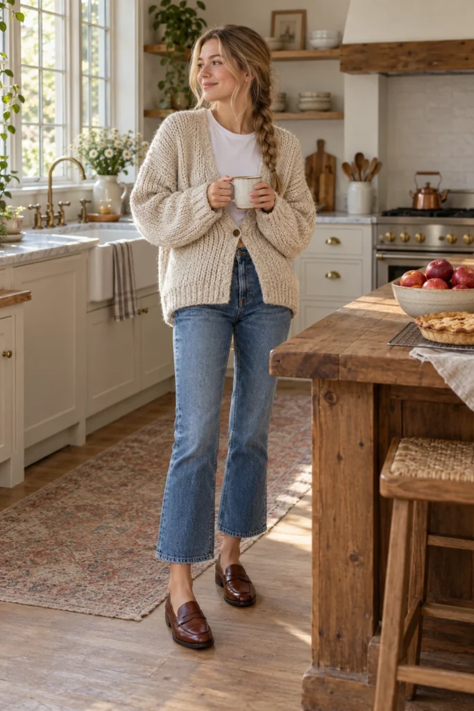 Oatmeal chunky cardigan over a white t-shirt with cropped flare jeans and brown loafers