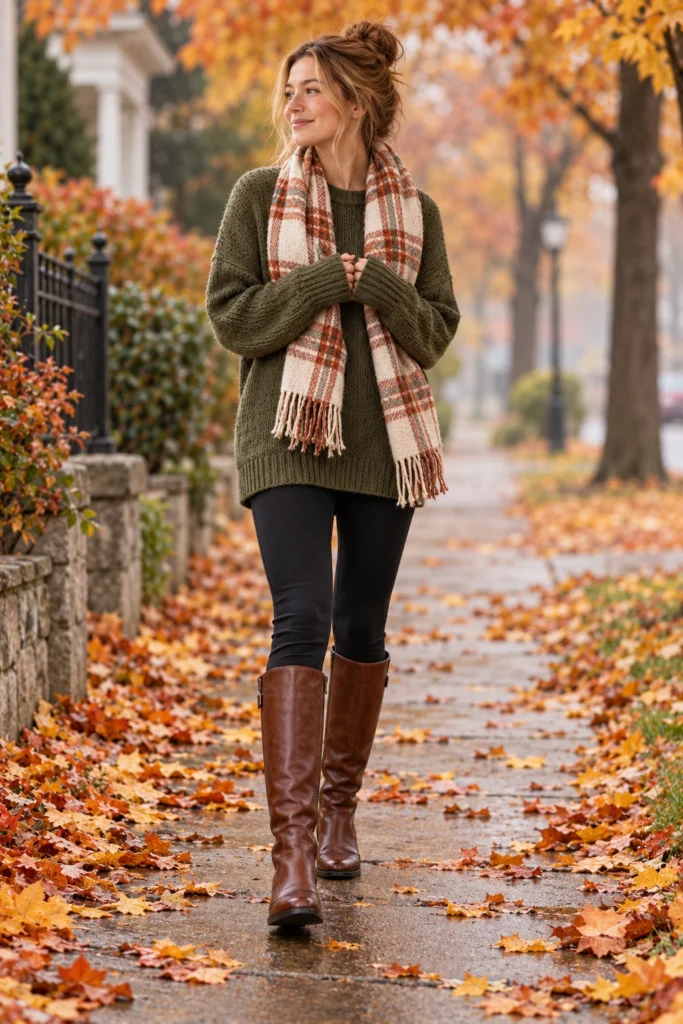 Olive green longline sweater with black ponte leggings and tall riding boots