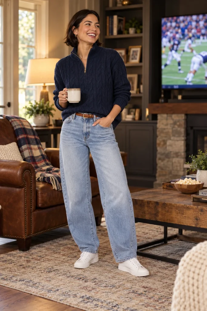 Navy quarter-zip knit pullover with light-wash barrel jeans and white sneakers