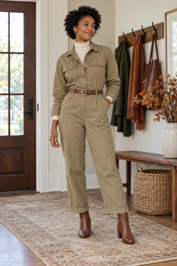 Belted khaki utility jumpsuit with a cream turtleneck underneath and brown ankle boots