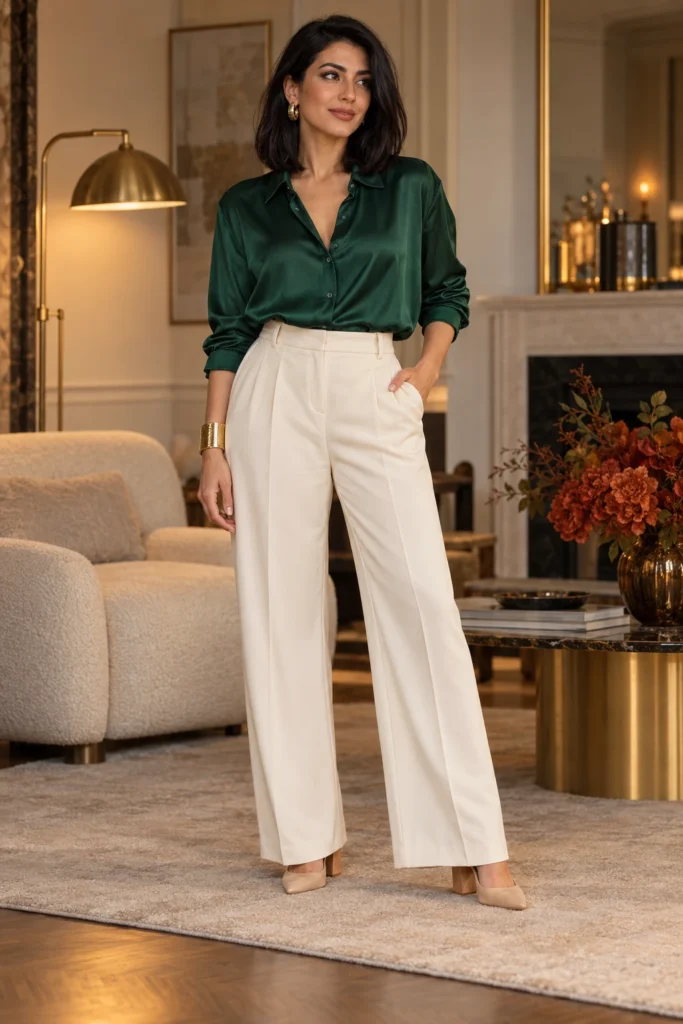 Emerald silk blouse tucked into high-waisted cream wide-leg trousers with gold jewelry