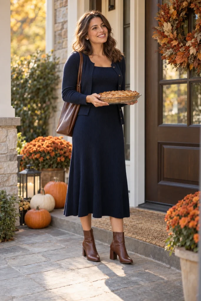 Navy knit midi dress with a matching cardigan and low block-heel boots