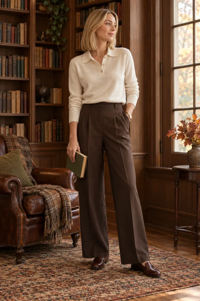 Cream knit polo sweater with brown pleated trousers and loafers