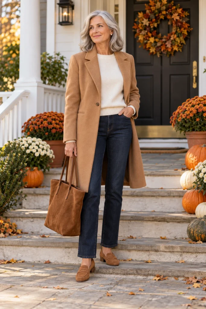 Classic camel coat over a cream crewneck sweater with dark jeans and suede loafers