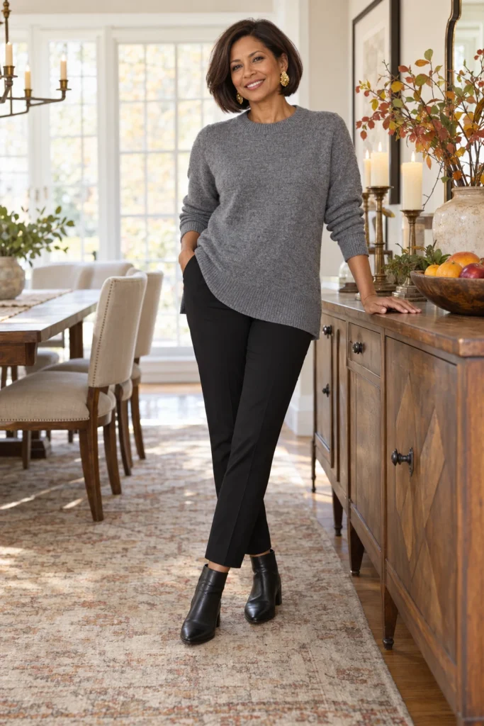 Heather gray tunic sweater with slim black trousers, statement earrings and ankle boots