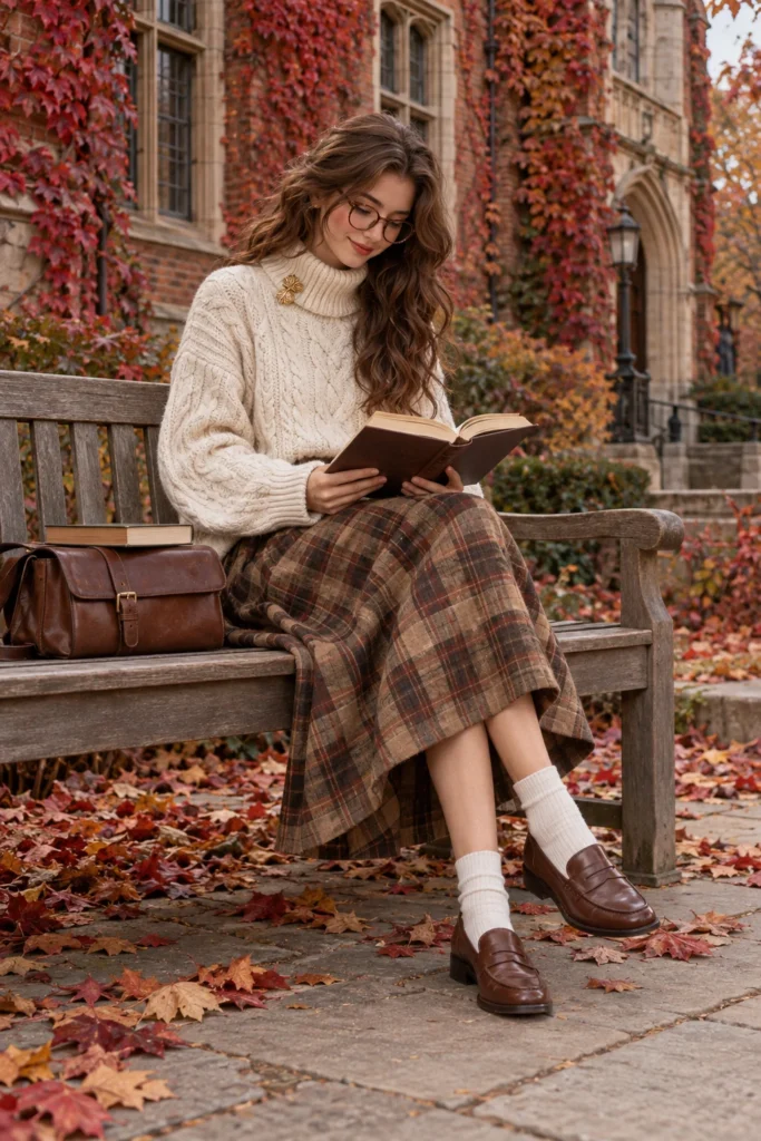 Oversized cream turtleneck with a brown plaid midi skirt, loafers, a vintage brooch and a satchel bag