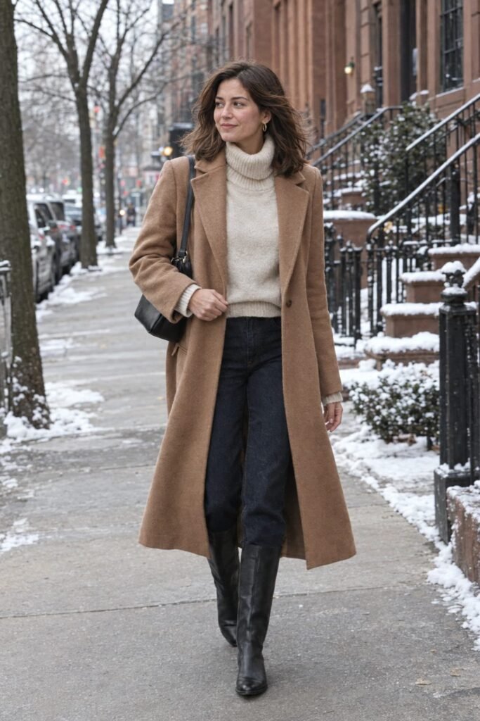 Long camel wool coat with a cream turtleneck sweater, dark straight jeans and black knee-high boots (AI-generated image)