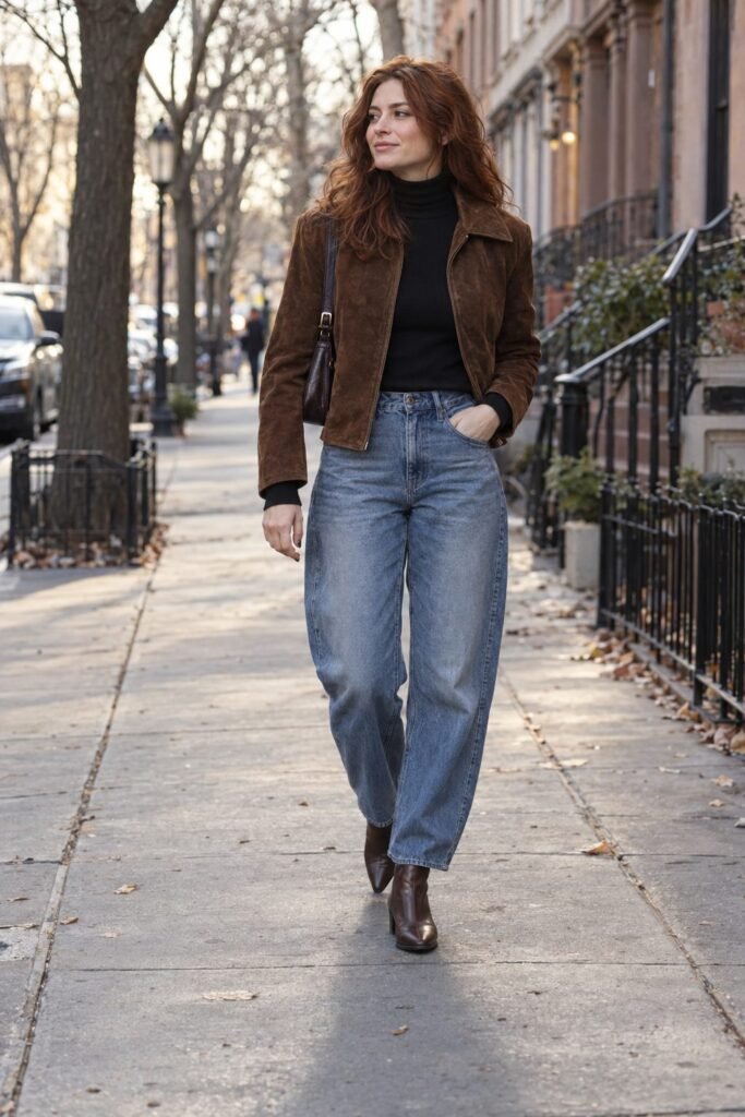 Brown suede jacket over a black turtleneck with blue barrel jeans and brown boots (AI-generated image)