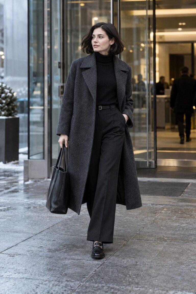 Charcoal wool coat with a black turtleneck, black wide-leg trousers and loafers (AI-generated image)