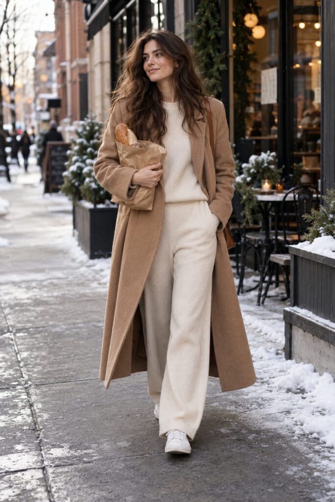 Cream matching knit lounge set with a long camel coat and white sneakers (AI-generated image)