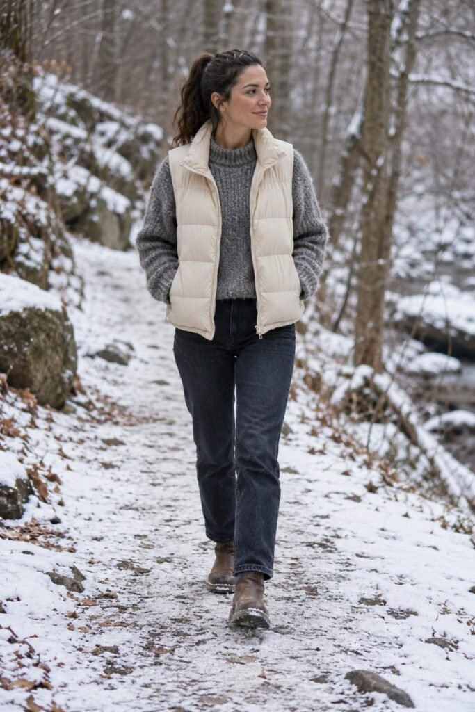 Cream puffer vest over a gray chunky sweater with dark jeans and brown boots (AI-generated image)