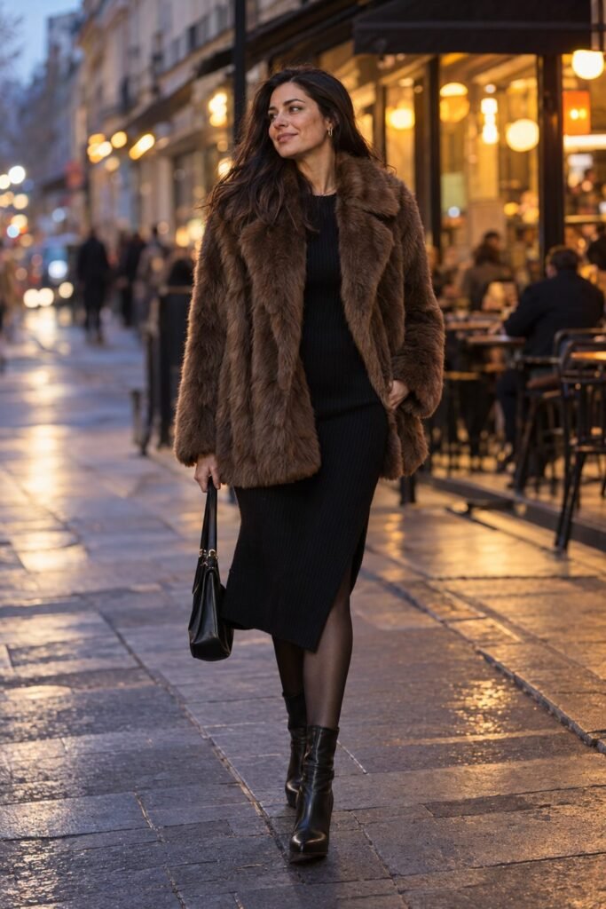 Brown faux-fur coat over a black knit midi dress with sheer tights and heeled boots (AI-generated image)