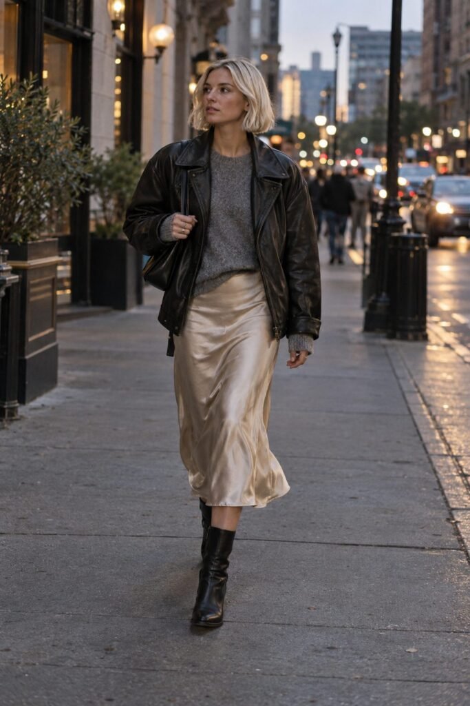 Oversized black leather jacket over a gray cashmere sweater with a champagne slip skirt and boots (AI-generated image)