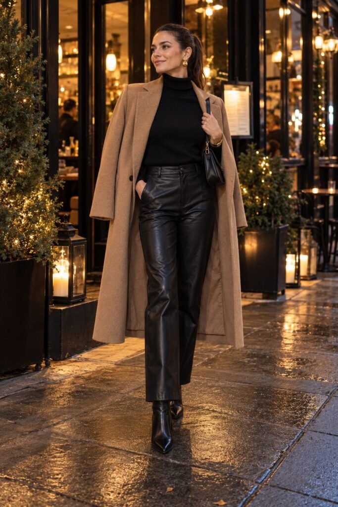 Black turtleneck with black leather straight pants, a camel coat and ankle boots (AI-generated image)