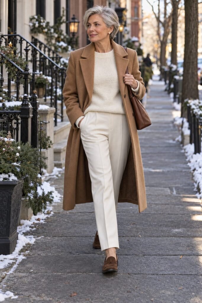 Woman in her 50s wearing a camel coat over a cream knit with tailored trousers and pearl earrings (AI-generated image)