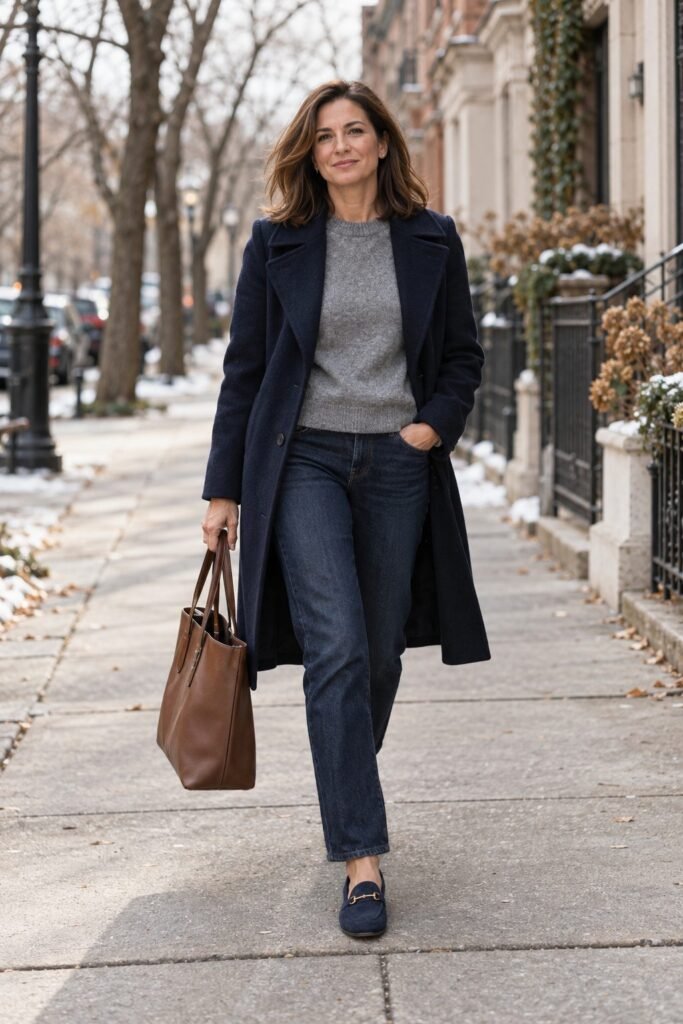 Woman in her 40s wearing a navy wool coat over a gray sweater with dark jeans and loafers (AI-generated image)