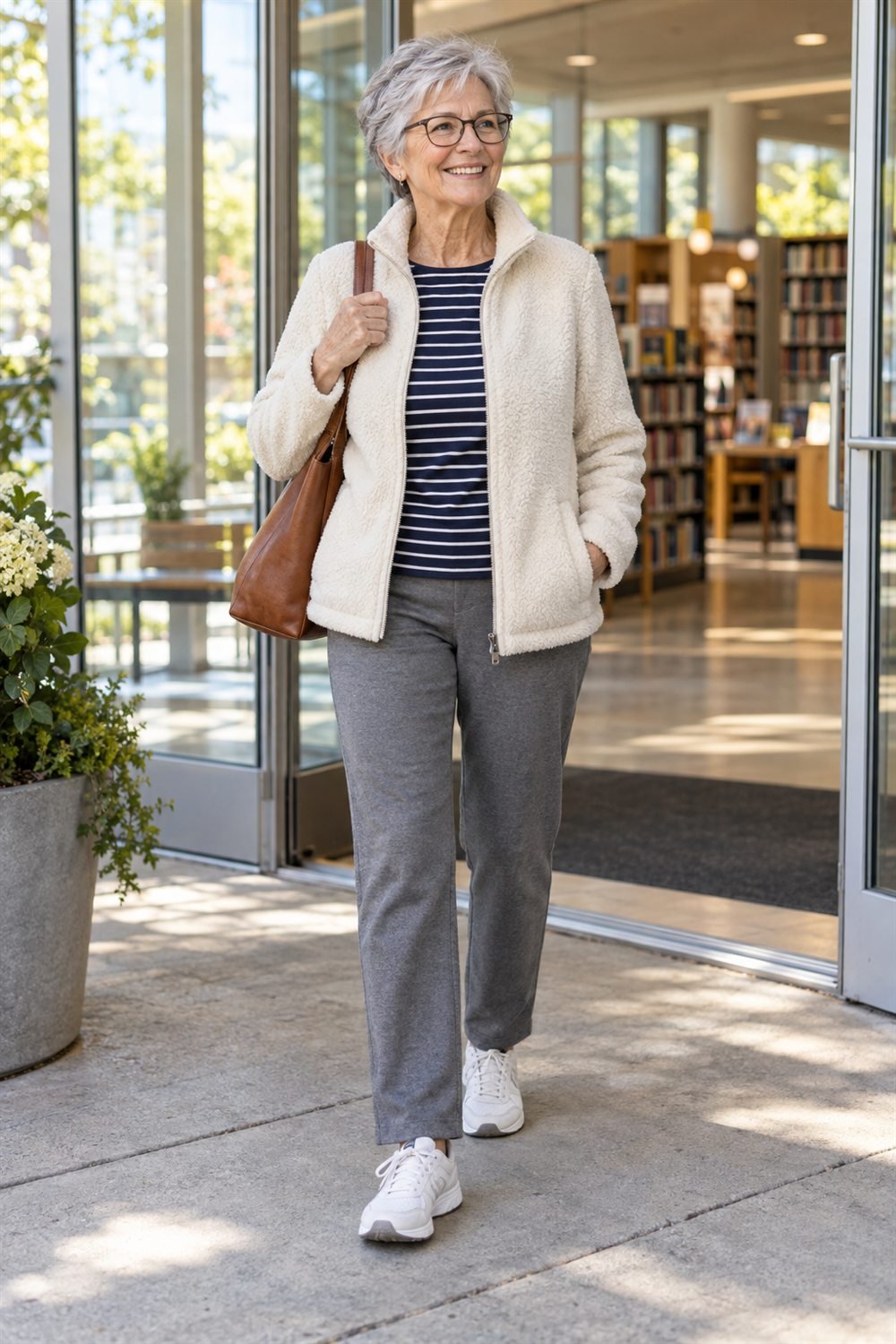 Older woman in a soft cream fleece zip jacket, striped long-sleeve tee and gray straight pull-on pants with white sneakers