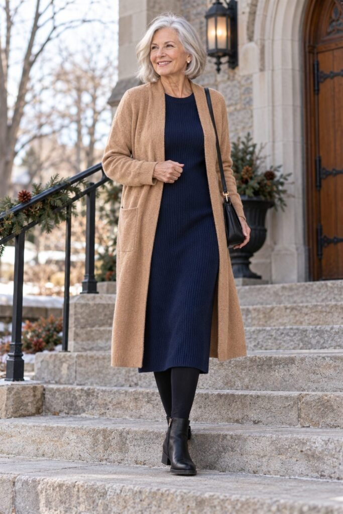 Woman over 70 in a navy knit midi dress with a long camel cardigan and low-heel side-zip boots outside a church