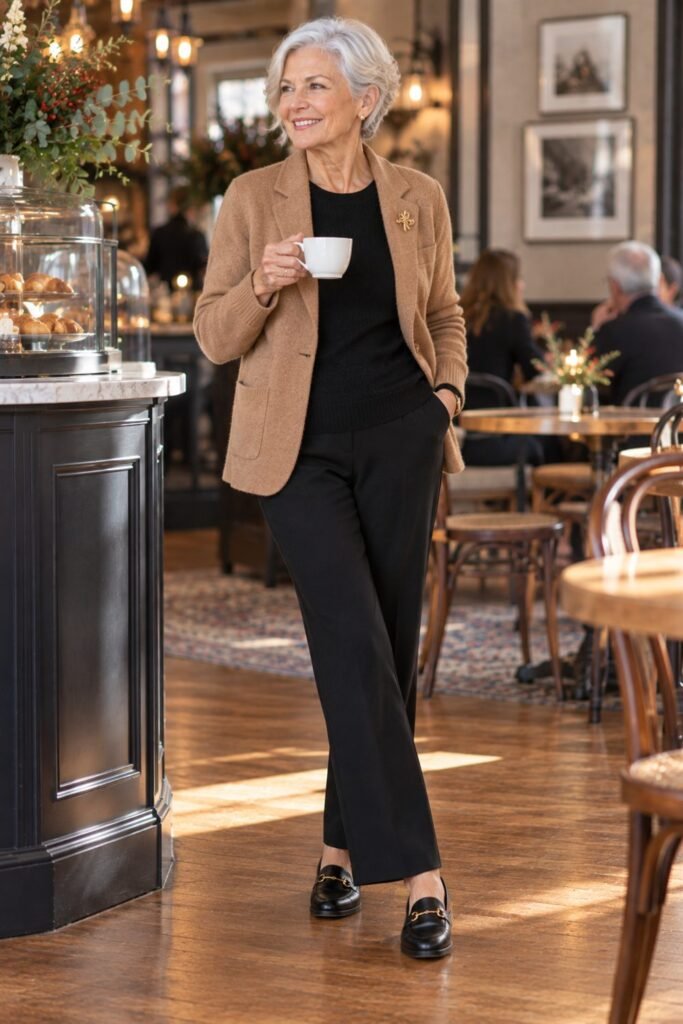 Woman over 70 in a soft knit camel blazer over a black fine-knit sweater with black straight trousers and loafers at a cafe