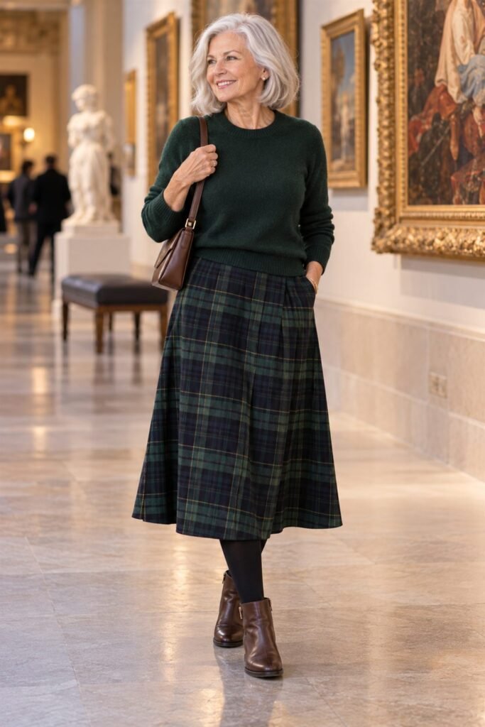 Silver-haired woman in a forest green cashmere sweater with a green and navy plaid midi skirt, opaque tights and brown low boots