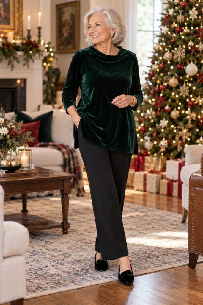Woman over 70 in a deep green velvet tunic top with black pull-on pants and black velvet flats near a Christmas tree