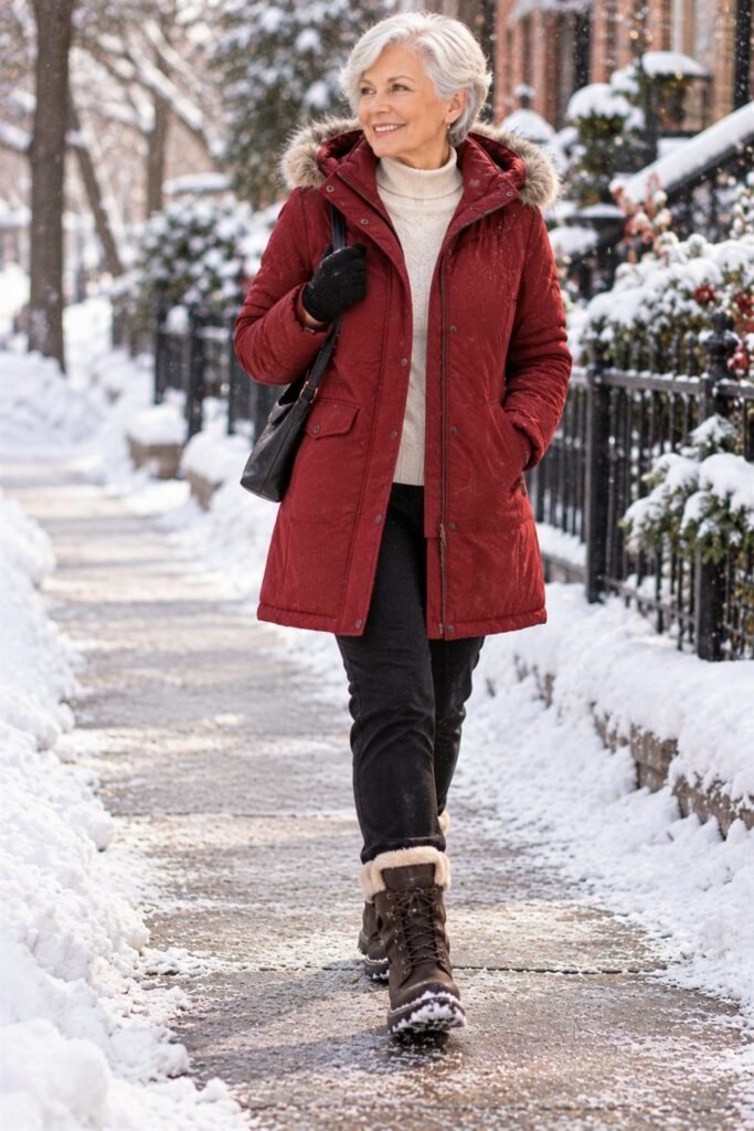 Older woman in a red hooded parka over a thermal top and fleece-lined black trousers with non-slip snow boots in light snow