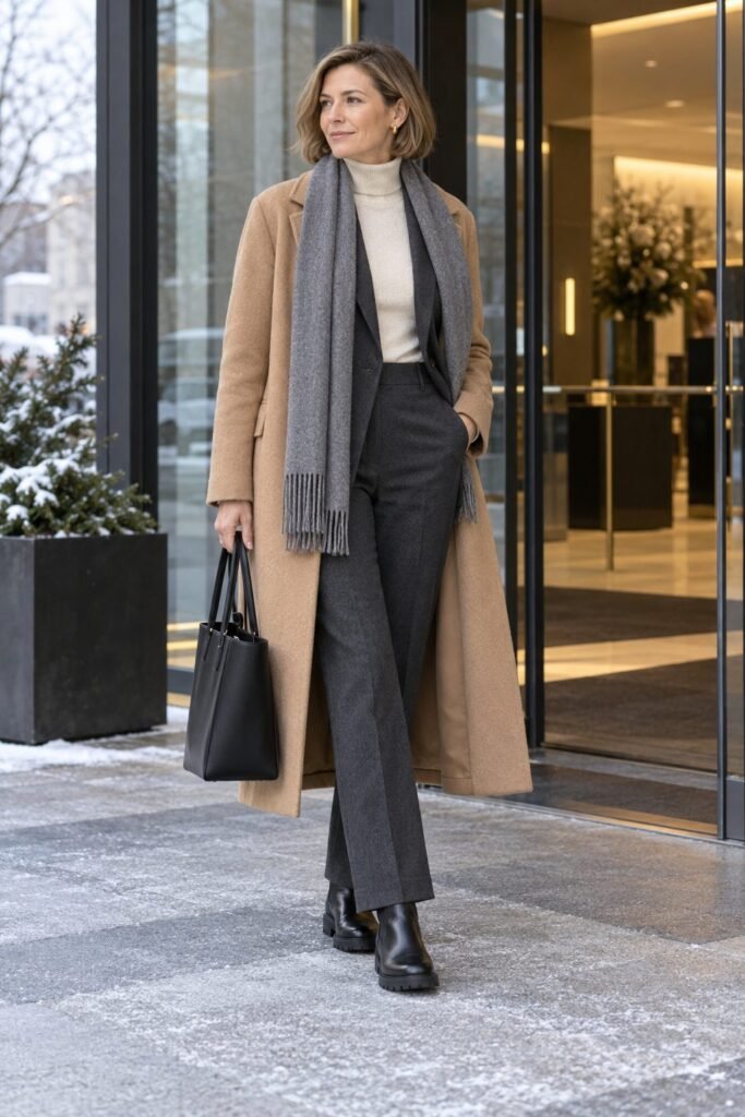 Woman in a charcoal wool suit and cream merino turtleneck with black Chelsea boots and a long camel coat at an office entrance