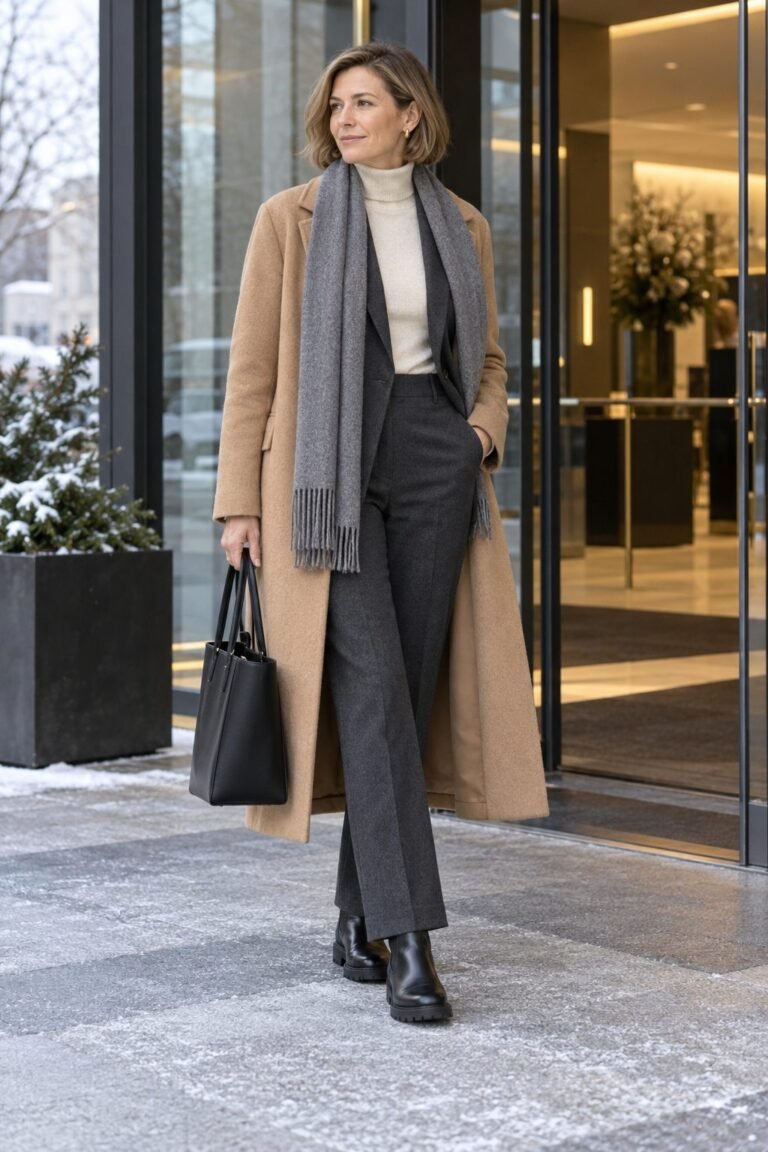 Woman in a charcoal wool suit and cream merino turtleneck with black Chelsea boots and a long camel coat at an office entrance