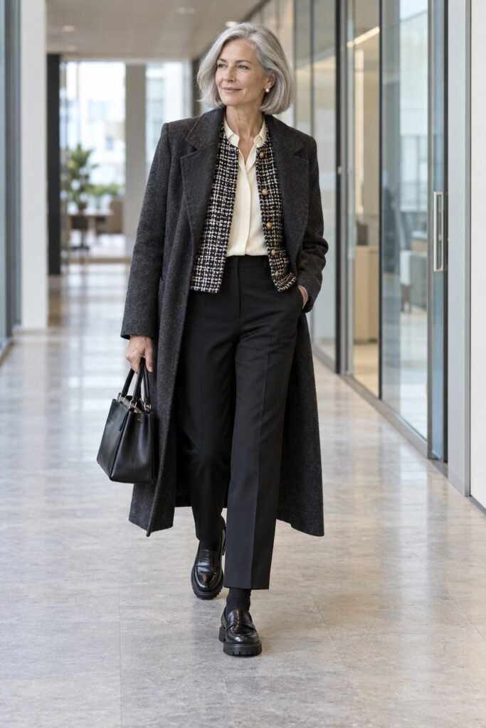 Tweed jacket over an ivory blouse with black wool trousers, black loafers with socks and a charcoal overcoat