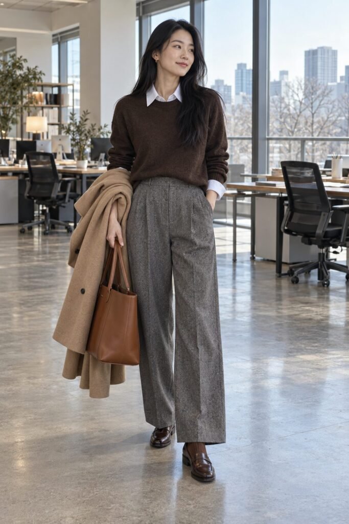 Chocolate crewneck sweater over a white collared shirt with gray wide-leg trousers and brown loafers with socks