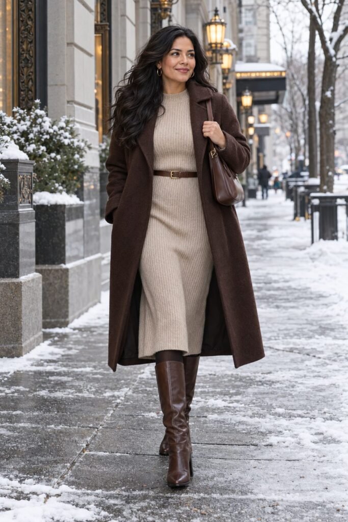 Oatmeal ribbed sweater dress with a brown belt, black tights, chocolate knee-high boots and a brown wrap coat