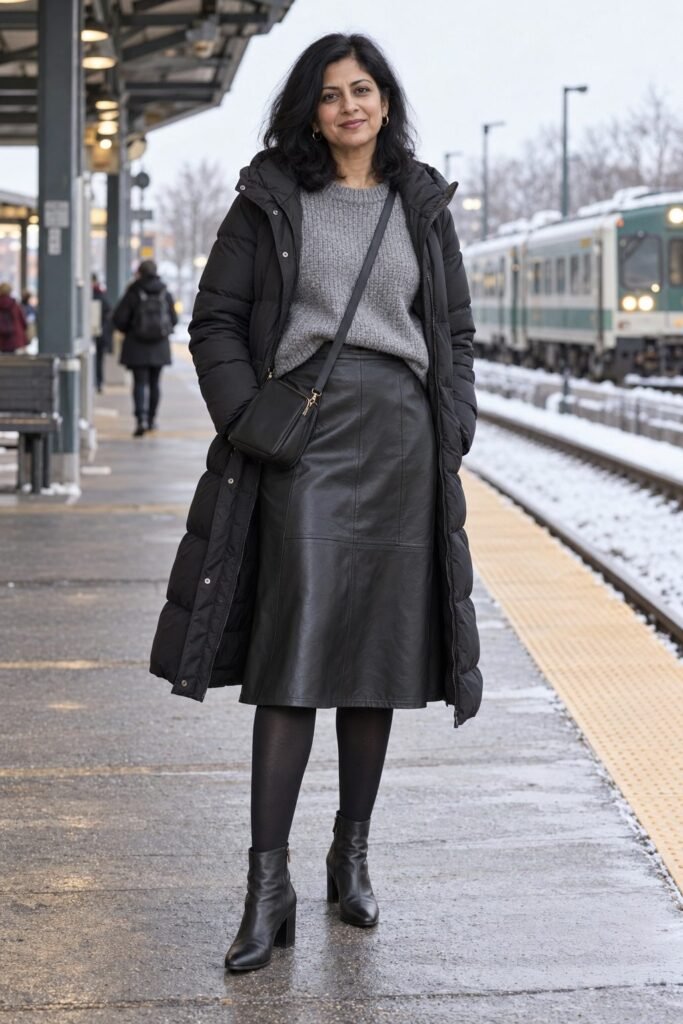 Black faux-leather midi skirt with a chunky gray sweater, black tights, ankle boots and a black puffer coat