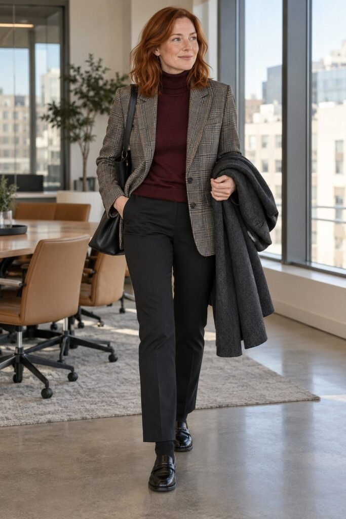 Gray plaid blazer over a burgundy turtleneck with black ponte pants and black penny loafers with socks