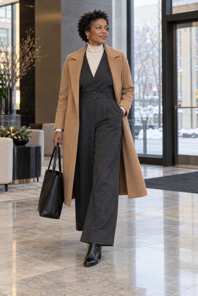 Charcoal wide-leg jumpsuit over a cream turtleneck with black ankle boots and a long camel coat