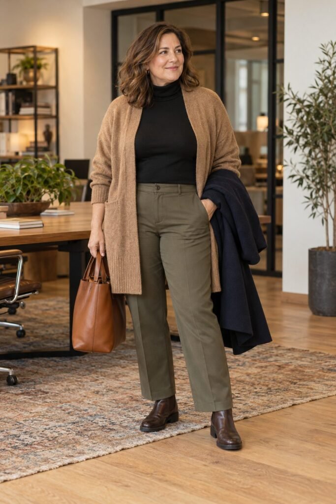 Long camel knit cardigan worn as a jacket over a black turtleneck with olive trousers and brown Chelsea boots
