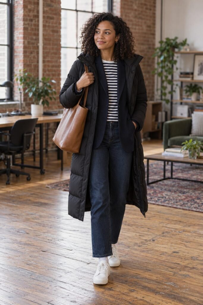 Dark straight-leg jeans with a navy blazer, striped tee, white leather sneakers and a black puffer coat