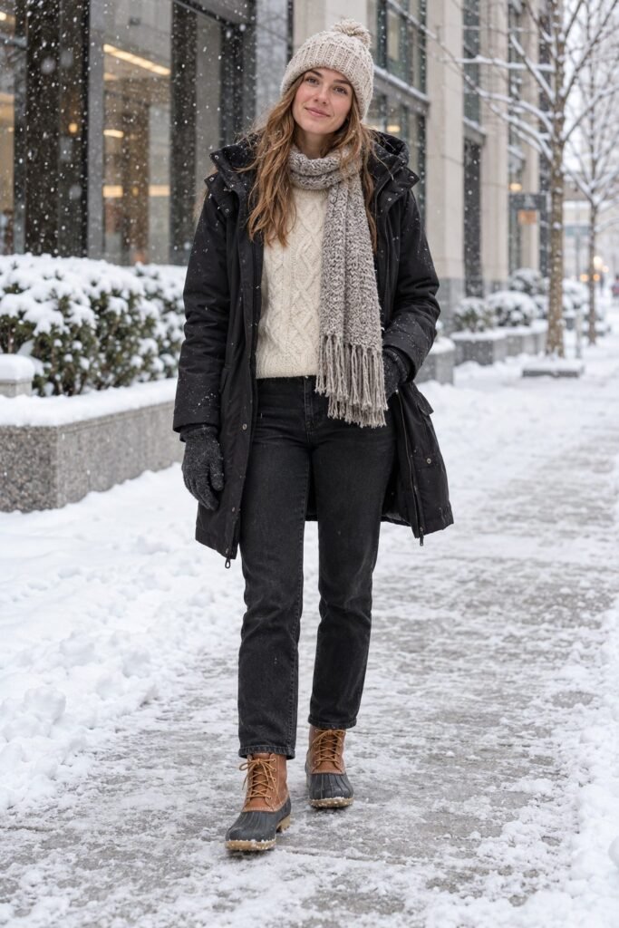 Cream cable sweater with black jeans, a black hooded parka and waterproof duck boots on a snowy sidewalk