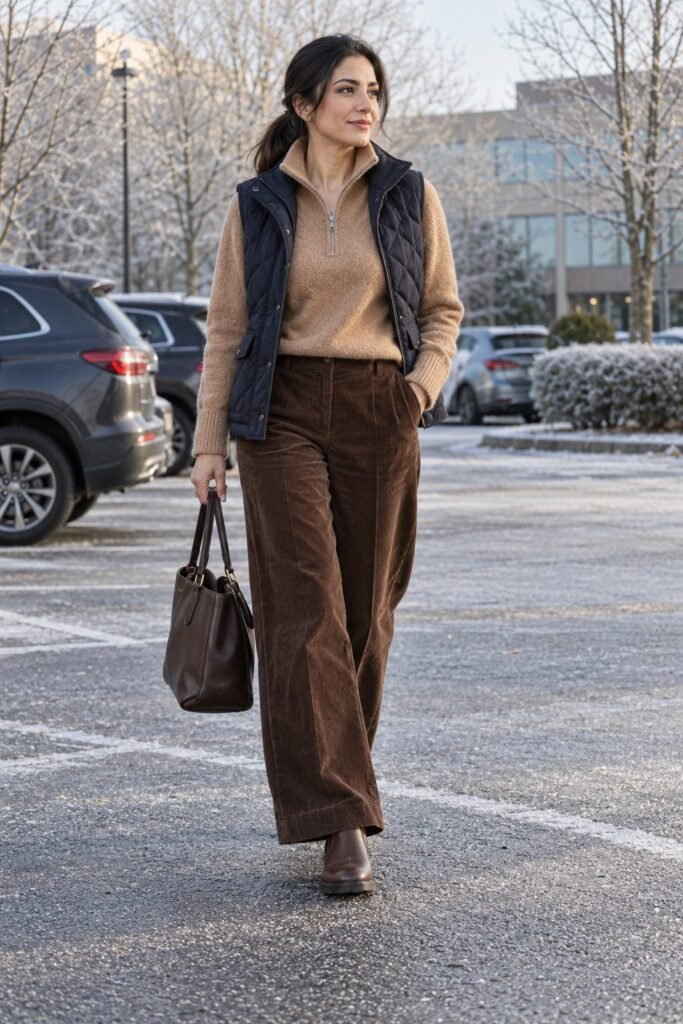 Camel half-zip sweater with chocolate corduroy wide-leg trousers, a navy quilted vest and brown Chelsea boots
