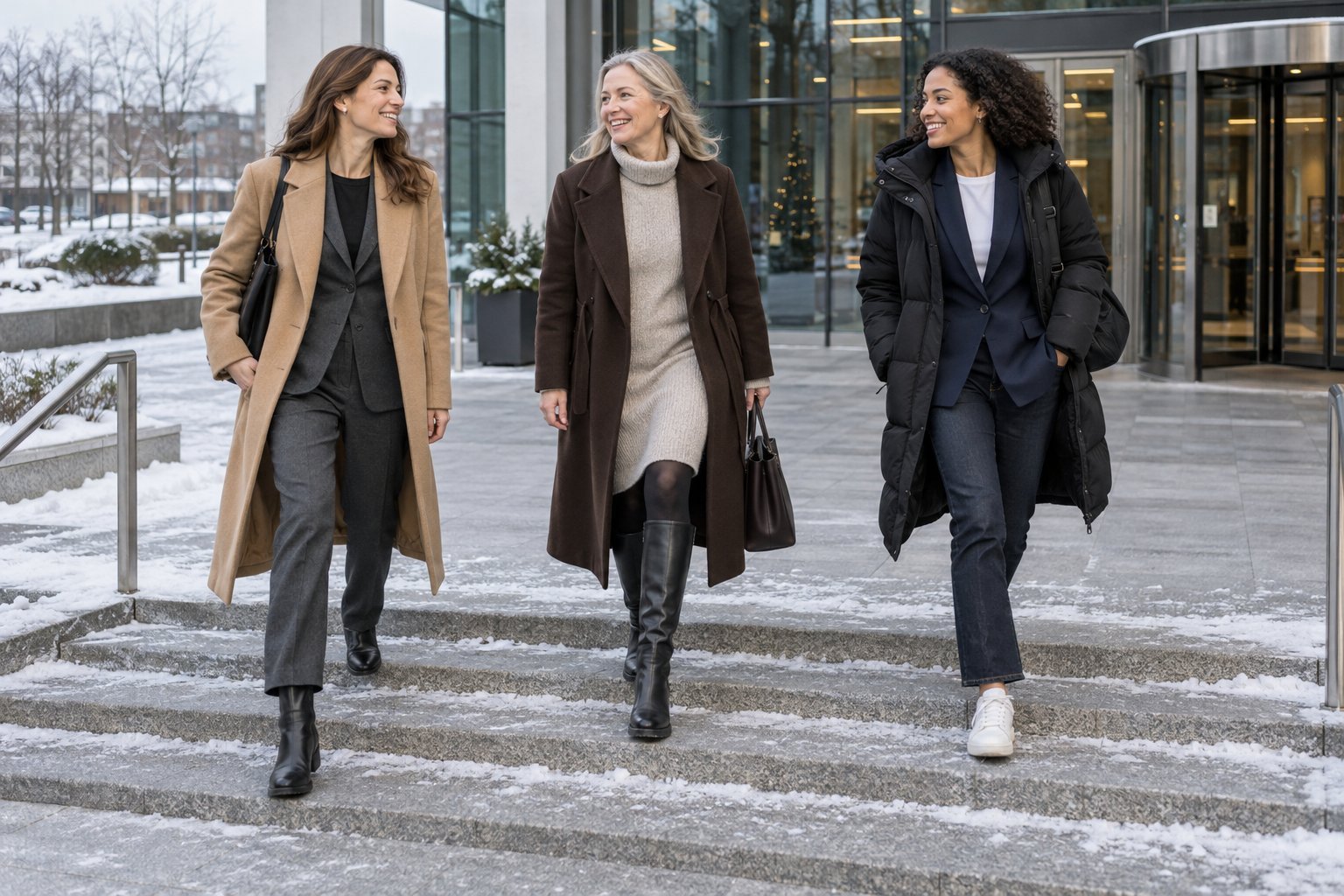 Three women in winter coats walking out of an office building on a snowy morning